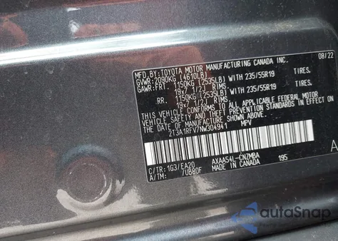 2022 Toyota Rav4 Xle Premium z USA, uszkodzony, nr VIN 2T3A1RFV7NW304941